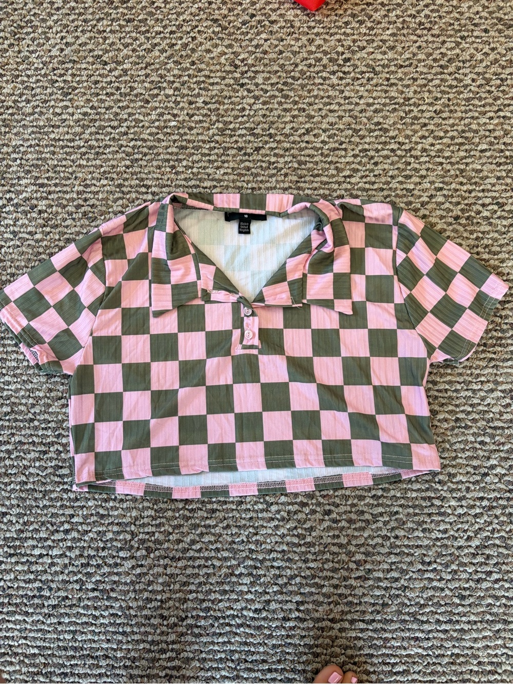 Cropped Checker Polo Top in Pink and Olive